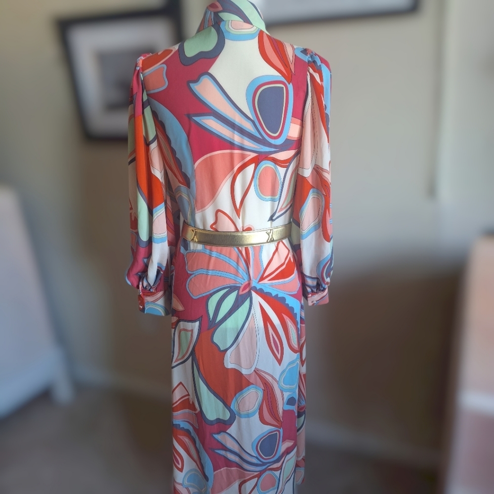 Alexis Multicolor Abstract Midi Shirt Dress in Coral, Blue, Cream  Size S - Picture 2 of 6